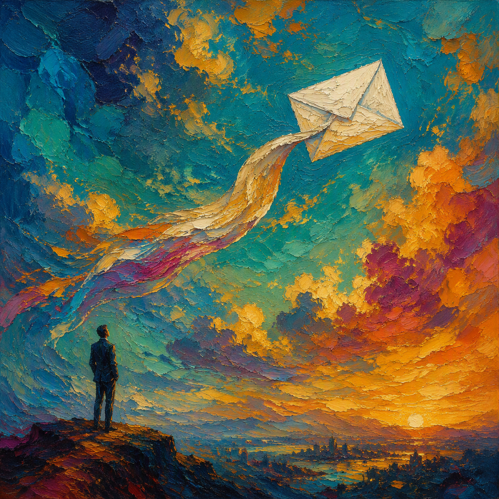 An oil painting of a letter in flight across a turbulent sunset sky, watched from a hilltop by a figure in a suit.